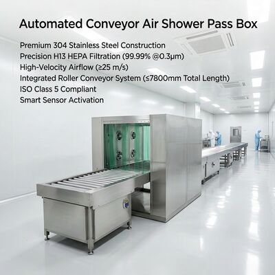 Chuveiro de ar de transporte de rolos com filtros HEPA duplos e estrutura de aço inoxidável 304 para o sistema de transferência de sala limpa compatível com a ISO 14644 e GMP