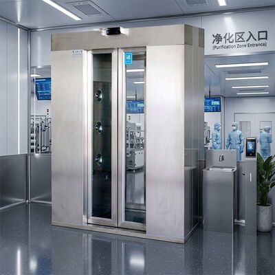 Chuveiro de ar para duas pessoas com certificação ISO. Porta automática e 201 de aço inoxidável. Fluxo de ar rápido 1600x1500x2100 mm.