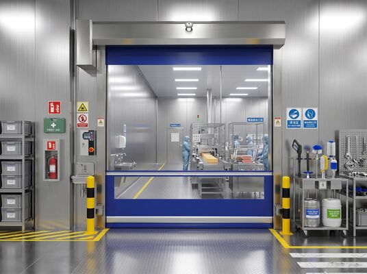 Porta de alta velocidade com cortina de PVC reforçada de 0,8 mm e velocidade ajustável de 0,6-2,5 m/s com sensores de segurança de reversa de emergência