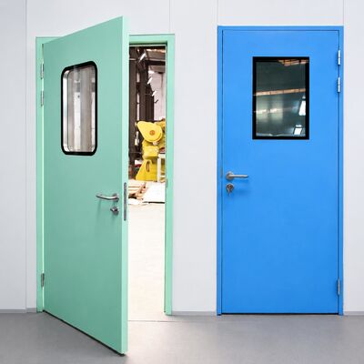 Porta de aço para sala limpa de balanço duplo resistente com design de alto tráfego e certificação FDA/CE