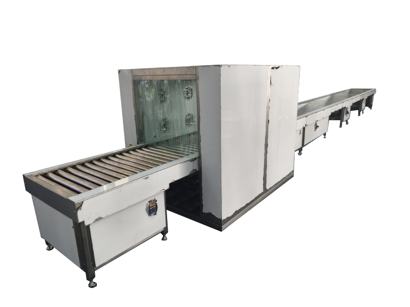 Caixa de passagem com cortina de ar para transportador de rolos motorizado | Sistema de transferência para sala limpa