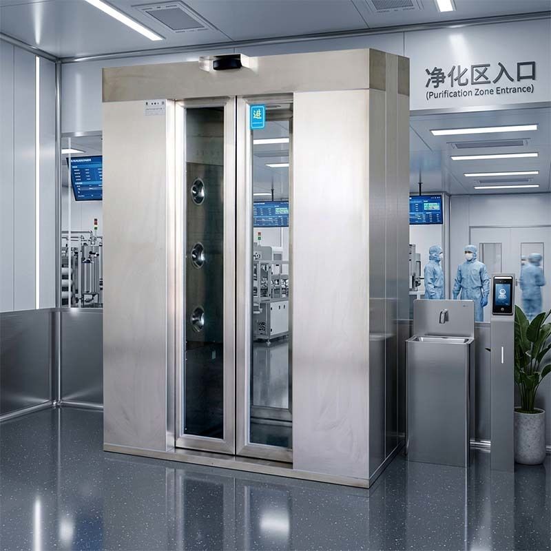 Chuveiro de ar para duas pessoas com certificação ISO. Porta automática e 201 de aço inoxidável. Fluxo de ar rápido 1600x1500x2100 mm.
