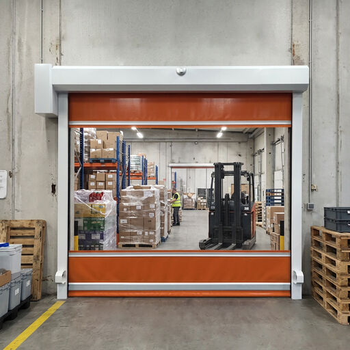 Porta de alta velocidade com sensor de radar e cortina de PVC de 0,8 mm resistente ao vento para instalações industriais